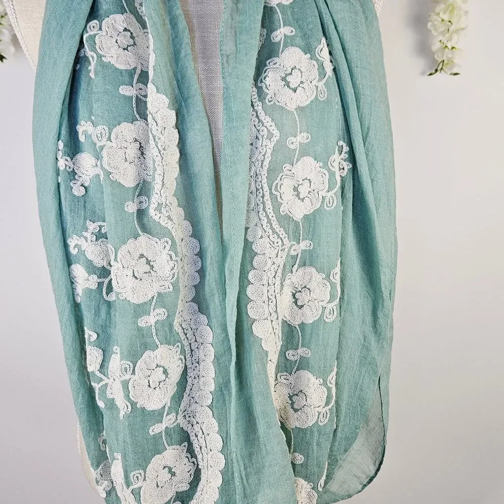 Do Everything With Love Mint Green Floral Embroidered Infinity Scarf Boho Lace